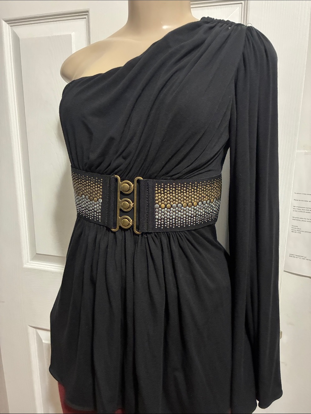 Sky One-Shoulder Black Blouse with Embellished Belt